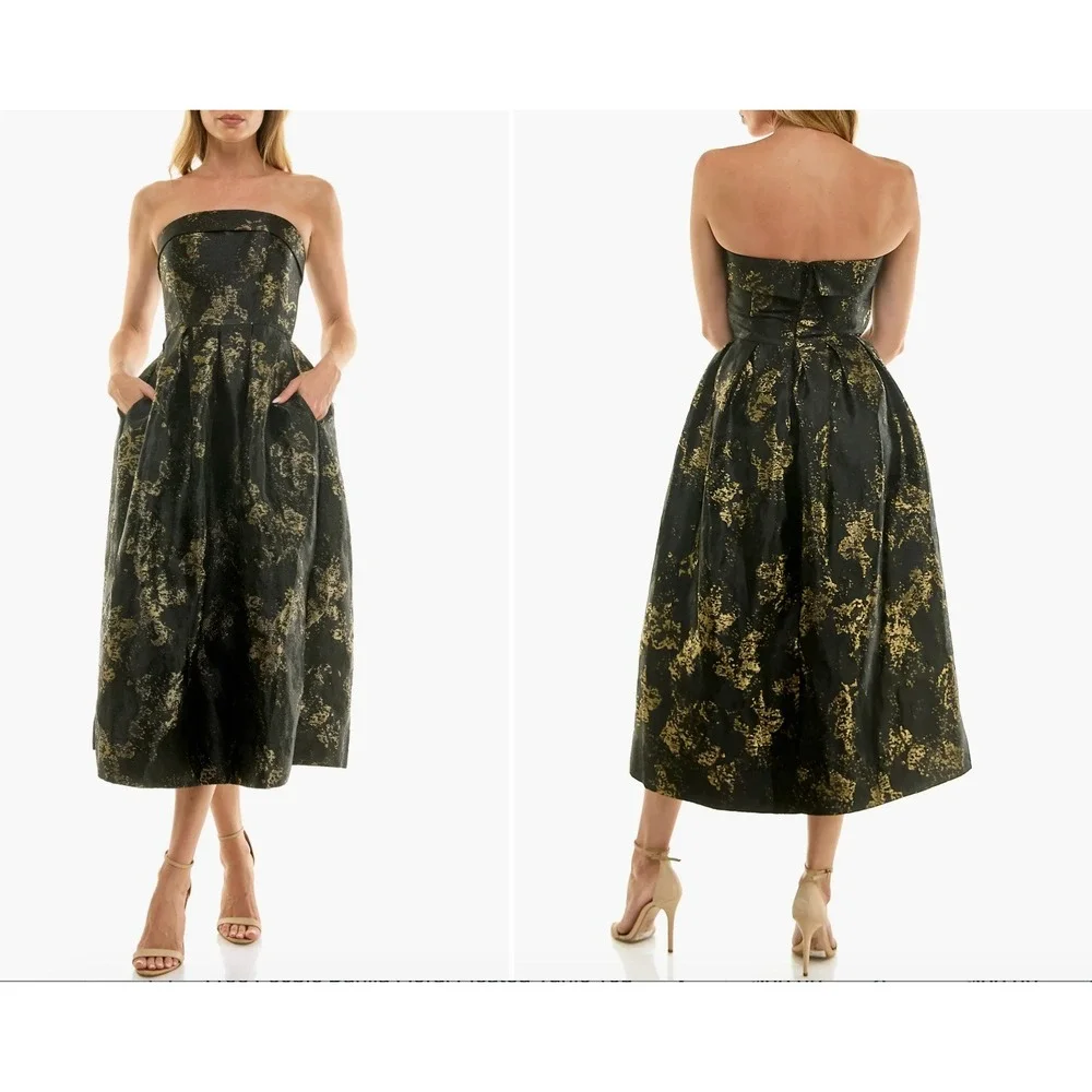 Socialite Metallic Jacquard Strapless Midi Gown Black Gold M - Picture 1 of 11